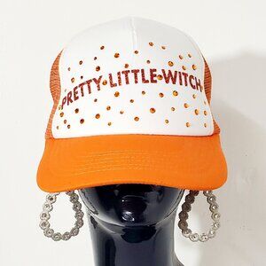 Pretty Little Witch Orange & White Baseball Cap with Orange Swarovski Crystals.